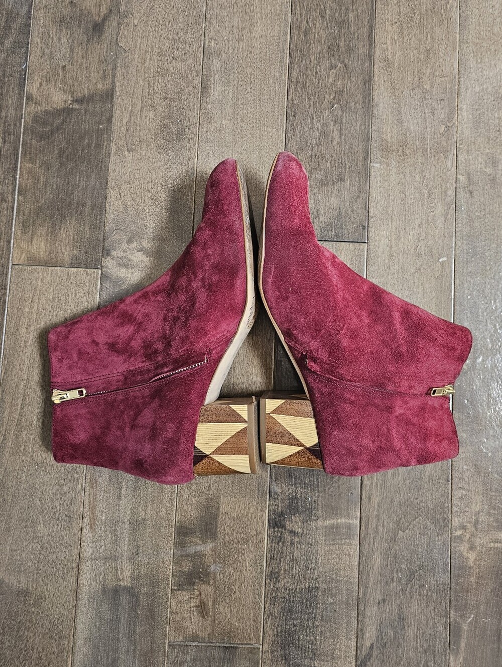 Anthropologie Alba Burgundy Suede Geometric Wood Block Heel Ankle Boots 9.5